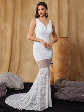 Women's Bodycon V Neck Sleeveless Lace Deep V Back Wedding Dress